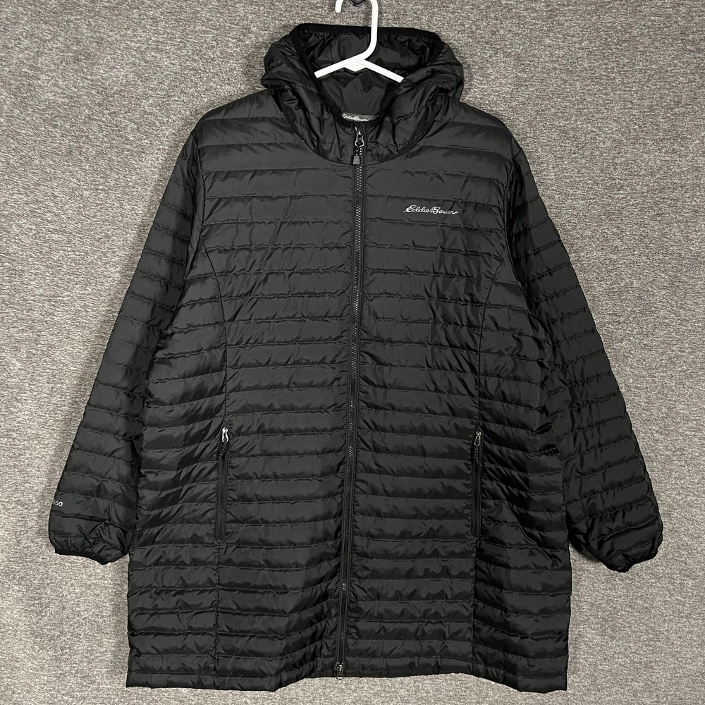 Eddie‎ Bauer Coat Womens 2XL Black EB650 Down Puffer Hooded Mid Length Warm